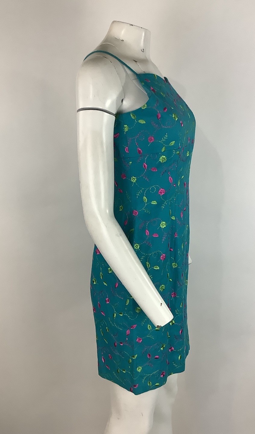 Vintage Y2K Althuser Sz 6 Canvas Floral Embroidered Slip Dress Aqua Green BH