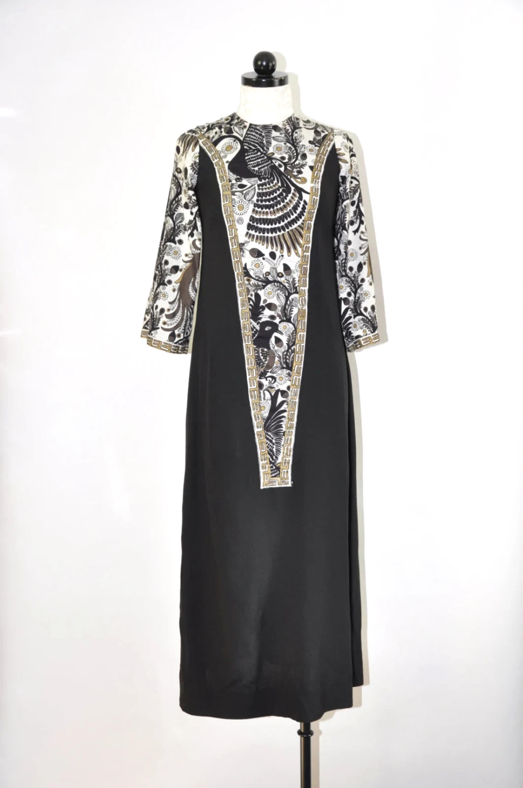 60s Vintage Black Birds Botanical Gold Ethnic Print Folk Kaftan Maxi Dress XS S