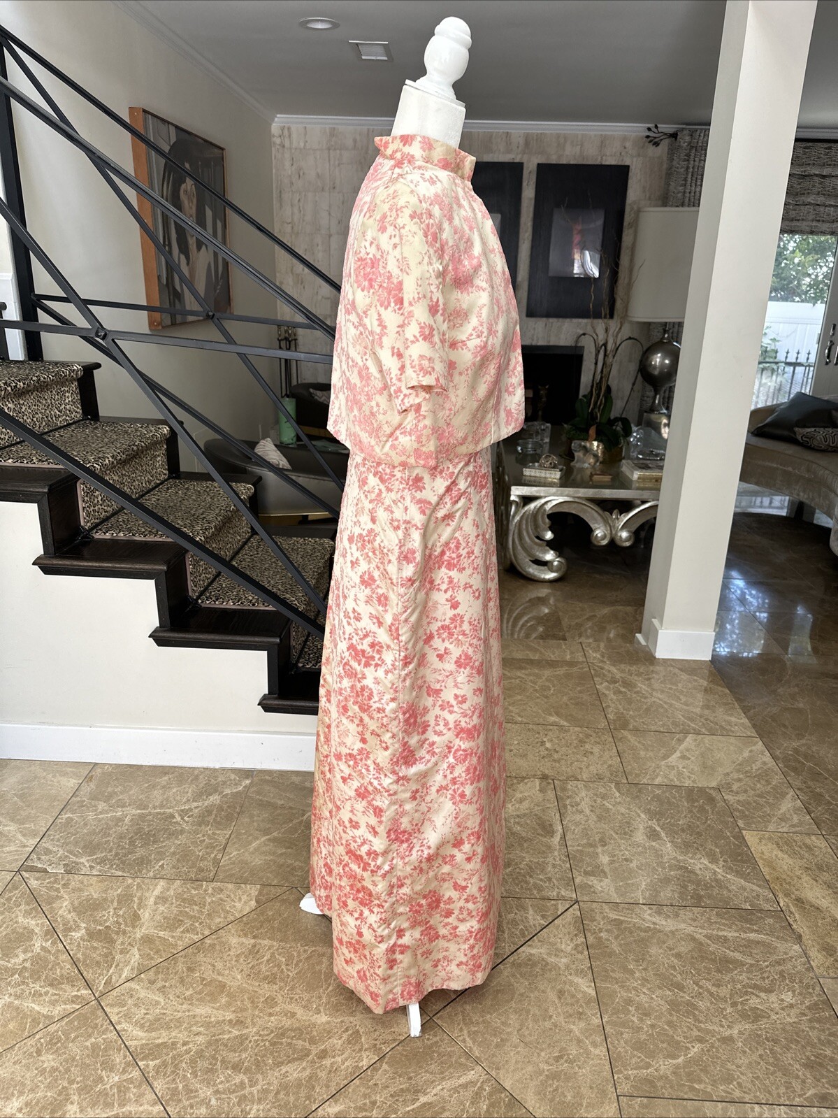 Vintage 60s Cream Satin & Pink Velvet Flocking Evening Gown With Jacket Size 6