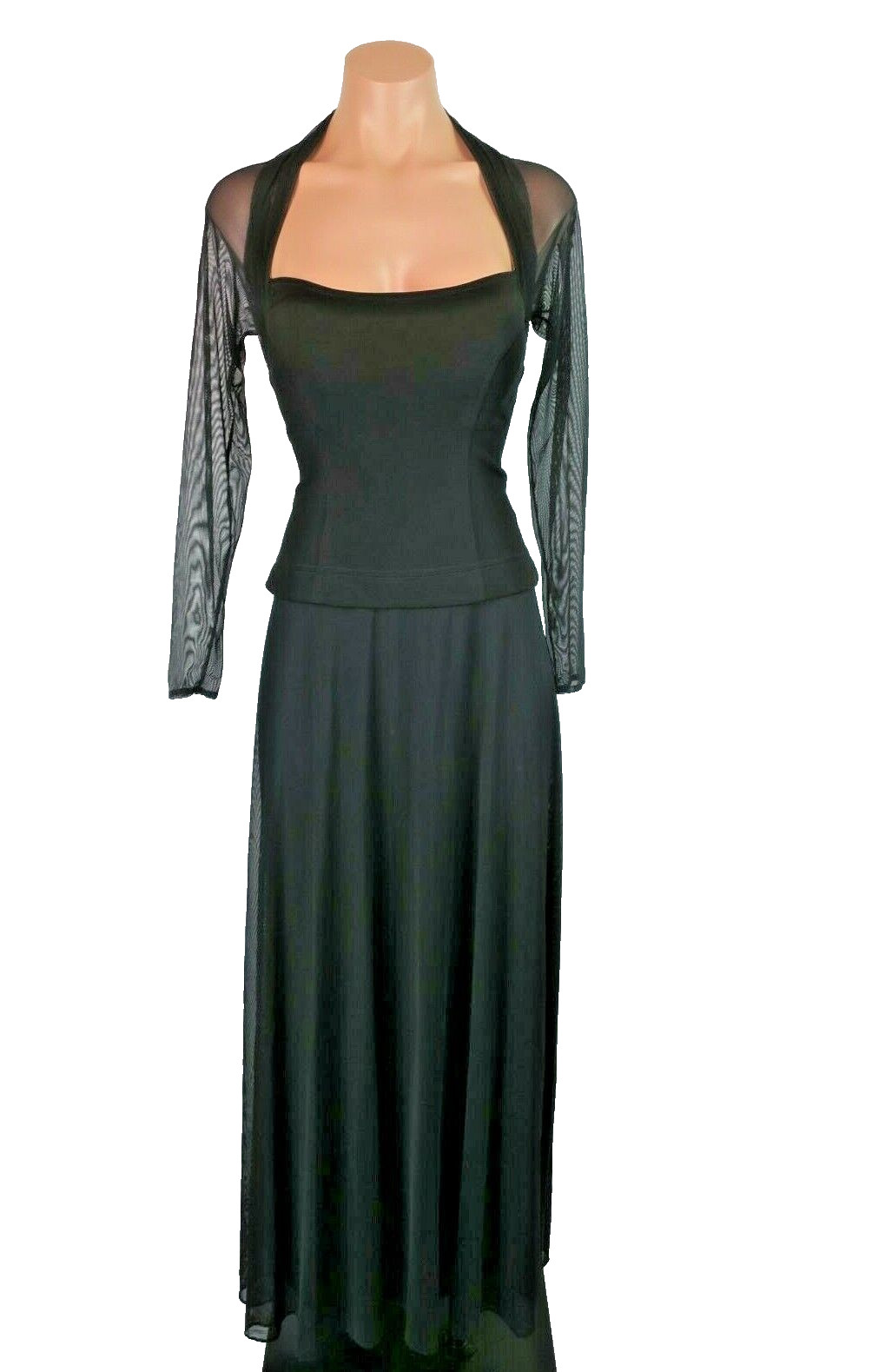 VTG 80s Tadashi S/M Long Black Bodycon Long Sleeve Illusion Sheath Dress Gown