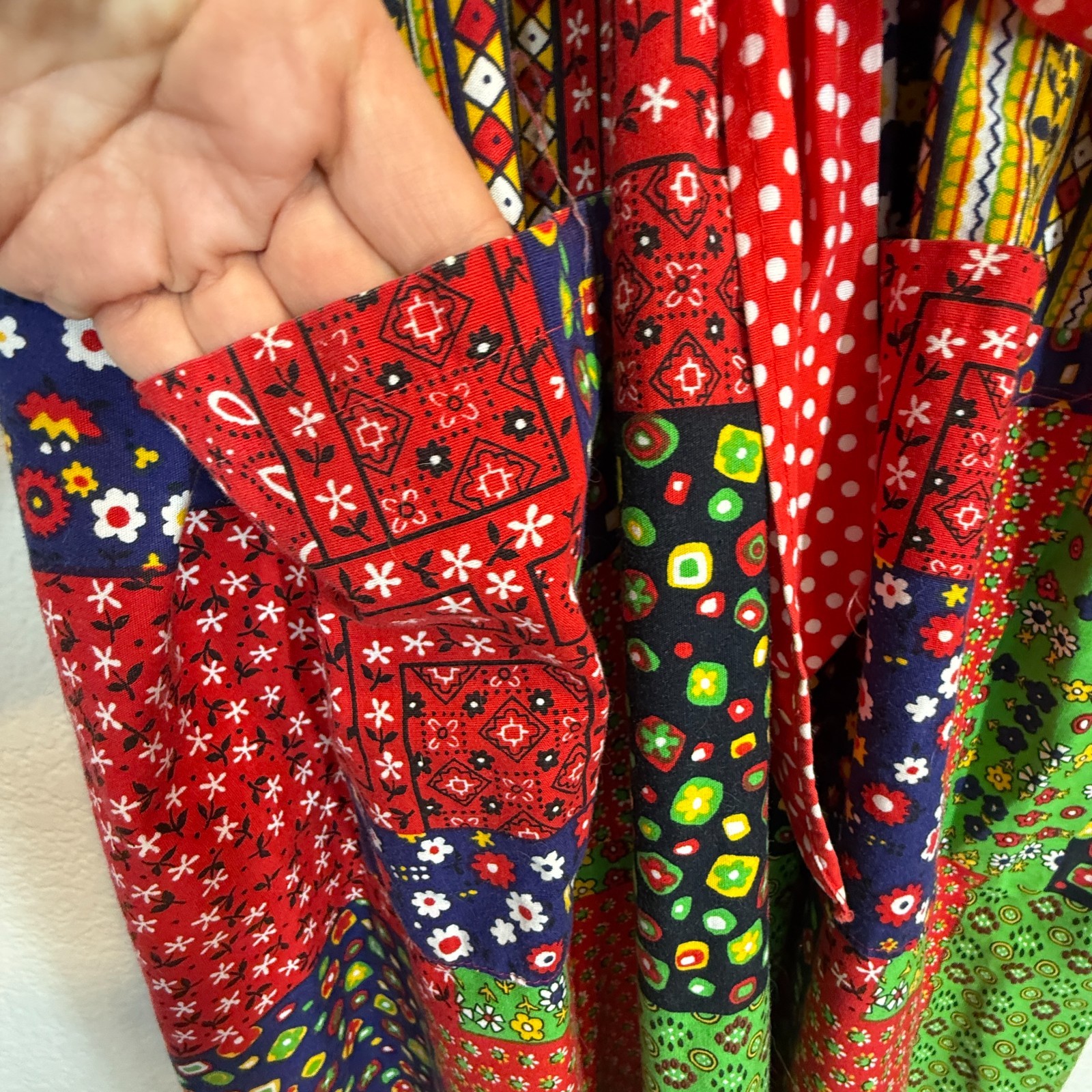 Vintage Design House Pinafore Dress 70s Red Green Patchwork Cottagecore Prairie