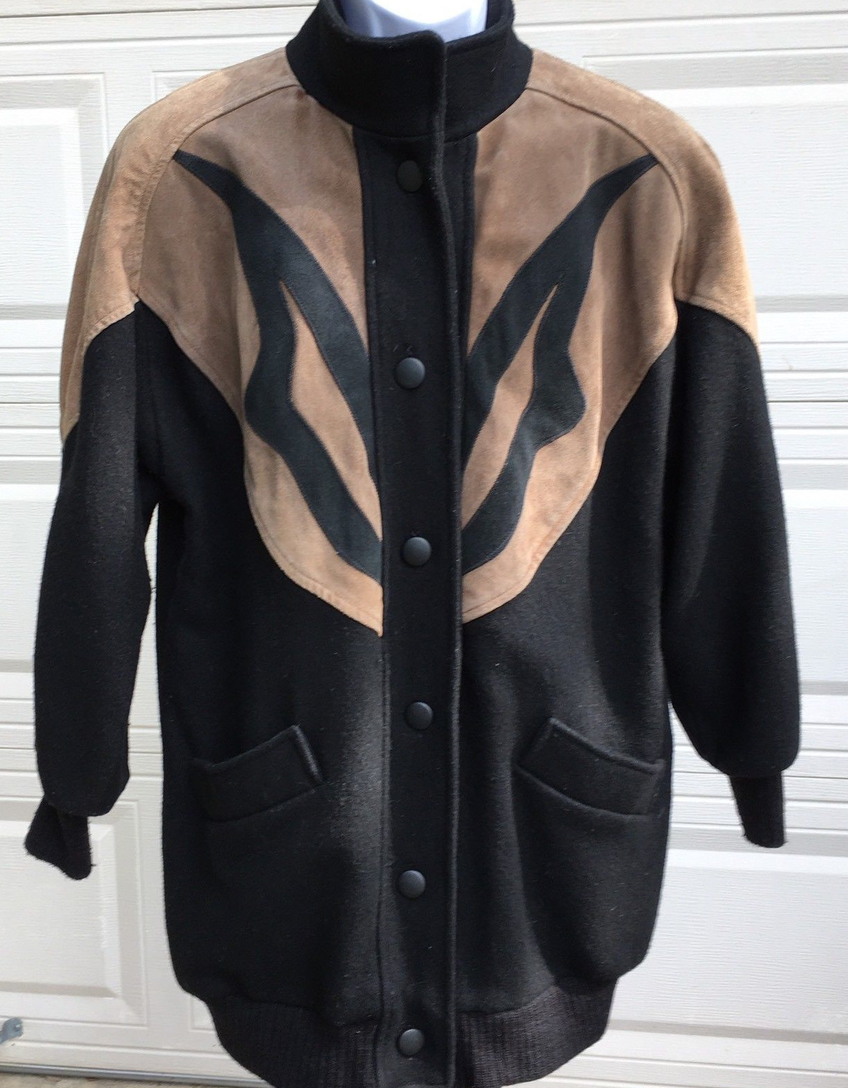 Wool Leather Jacket Sweater Black Brown Button Down Vtg Michelle Francois Sz S