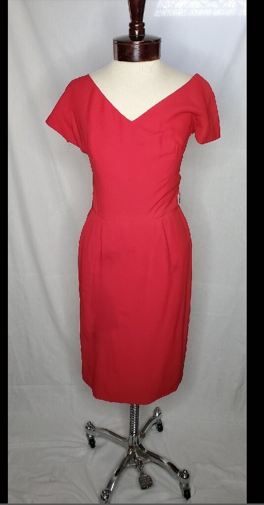 Vintage 1950s Lipstick red dress with V-neck Draped Waist Shash Cocktail Dress