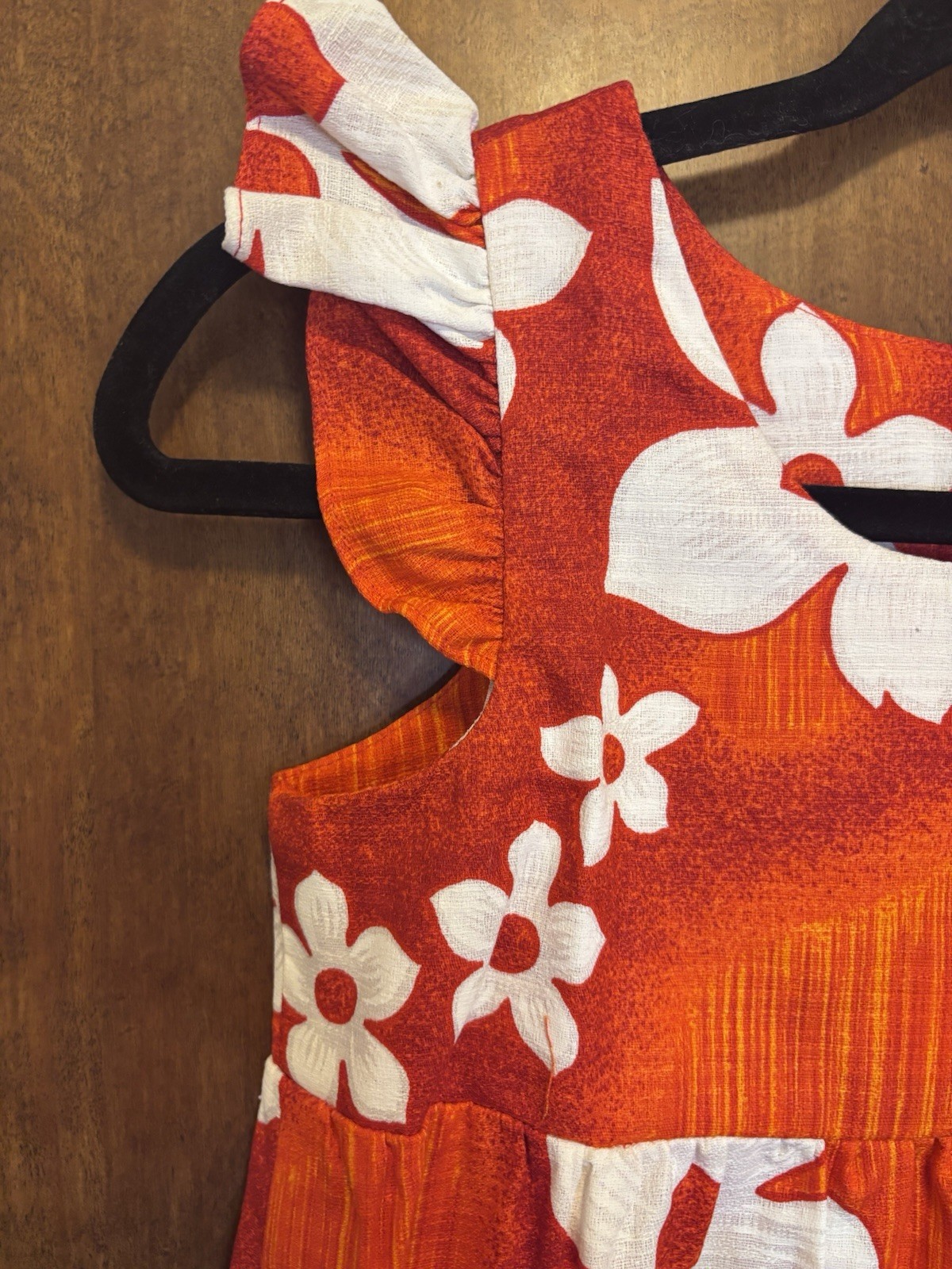 Vintage 70s Girls 12 Hawaiian Orange White Floral Maxi Dress Ruffle Sleeves