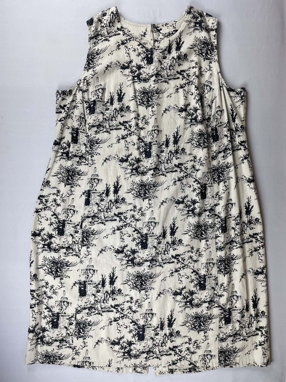 Vintage David Meister Linen Blend Sheath Midi Dress XL Black Cream Toile Print