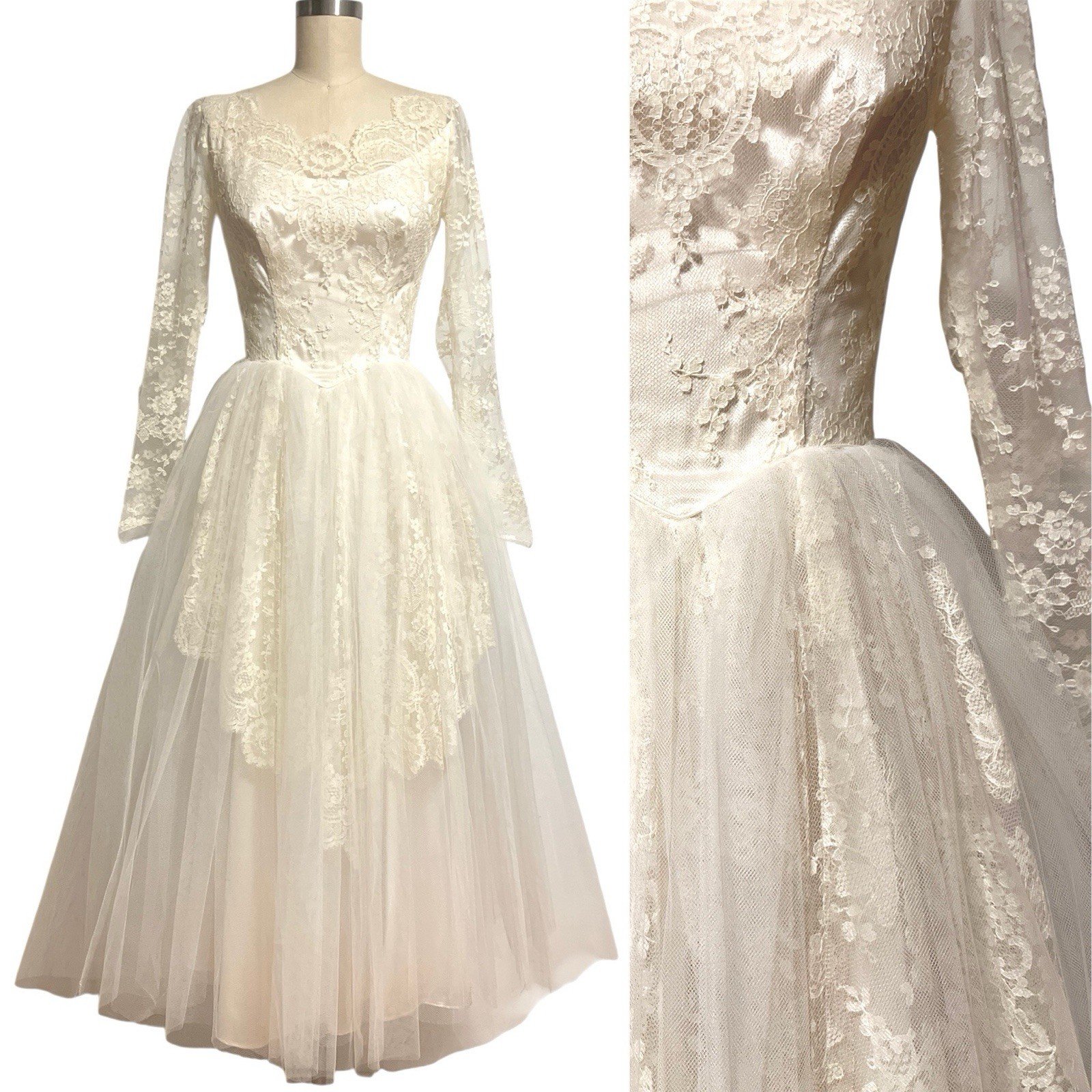 VTG 1950s 60s Lace Tea Length Wedding Dress XS Audrey Hepburn Modest MCM Bride