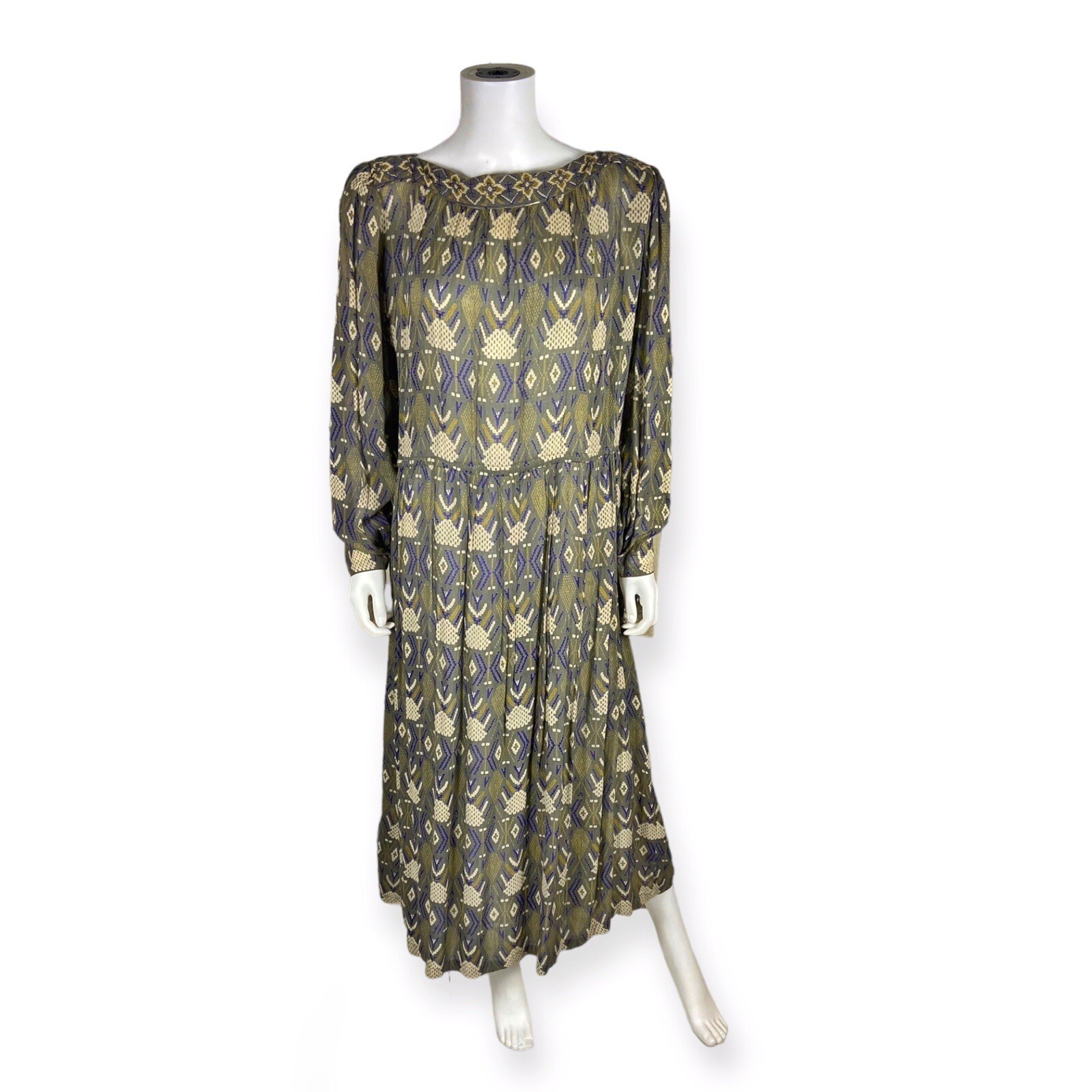 Adini Vintage Gray Purple Boat Neck Boho Smock Dress 8