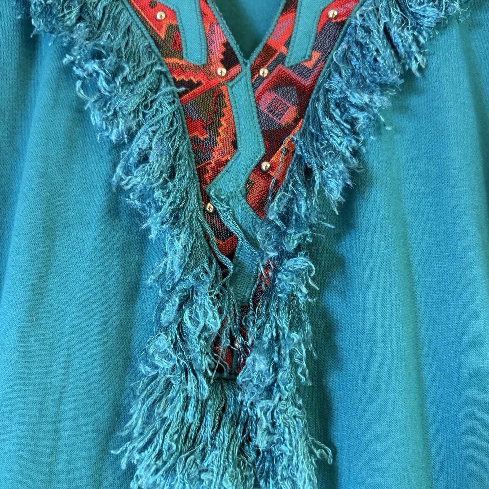 Vintage 80’s USA Joanie W Southwestern Fringe Turquoise Cowgirl Studded L Shirt
