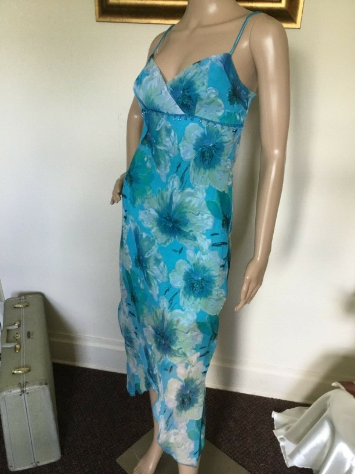 90’s Vintage Blue Sexy Yellow White Floral Beaded Sundress