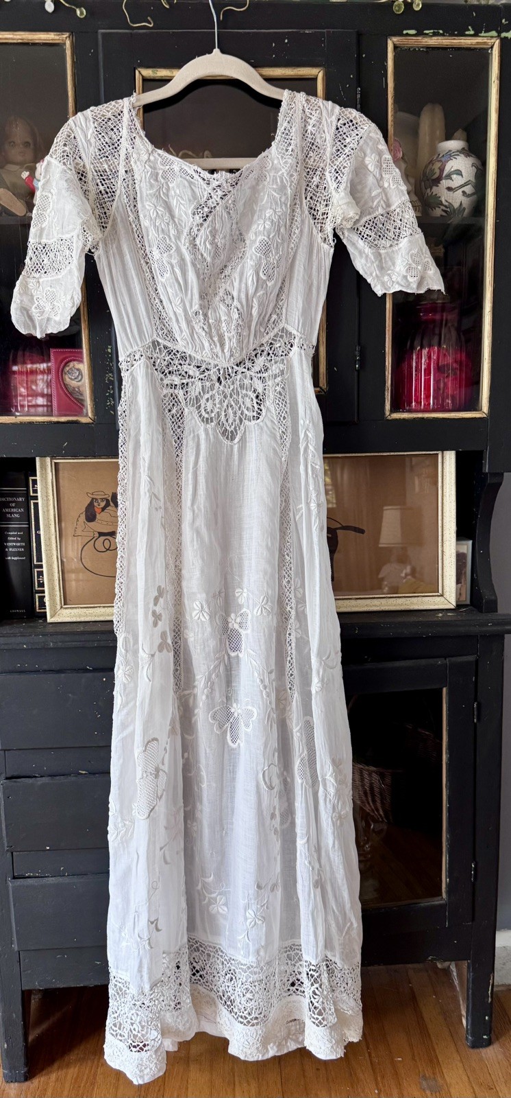 Antique VTG Edwardian 1900’s Cotton Embroidered White Tea Wedding Dress XS-S