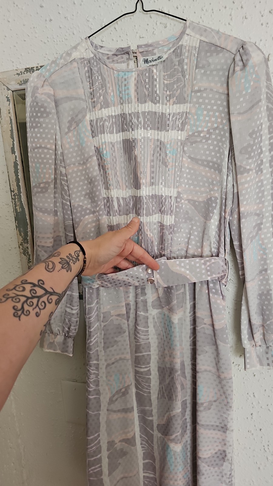 Vintage Silver Pleated Dress With Belt By Mavinette Size 14