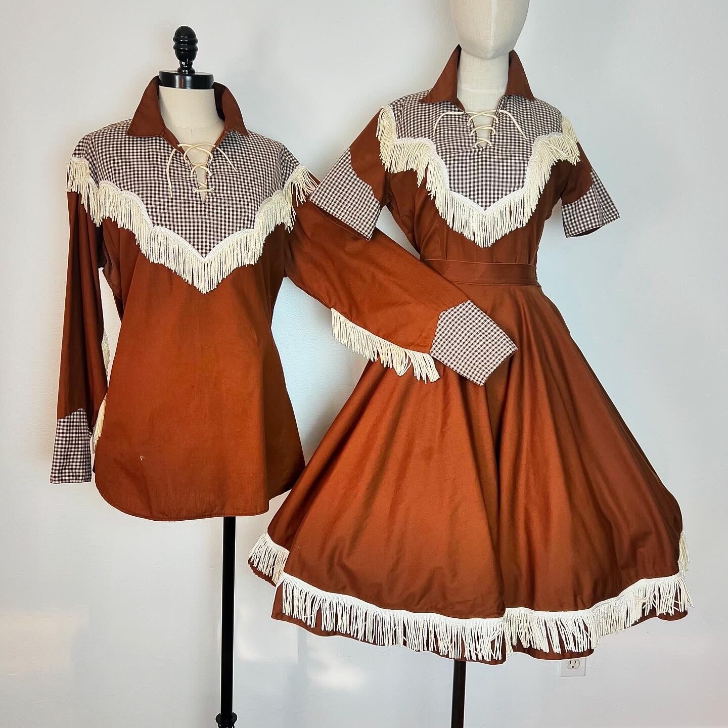 HIS & HERS 60’s Vintage Western Gingham Fringe Shirt Circle Skirt Suit S M L Xl