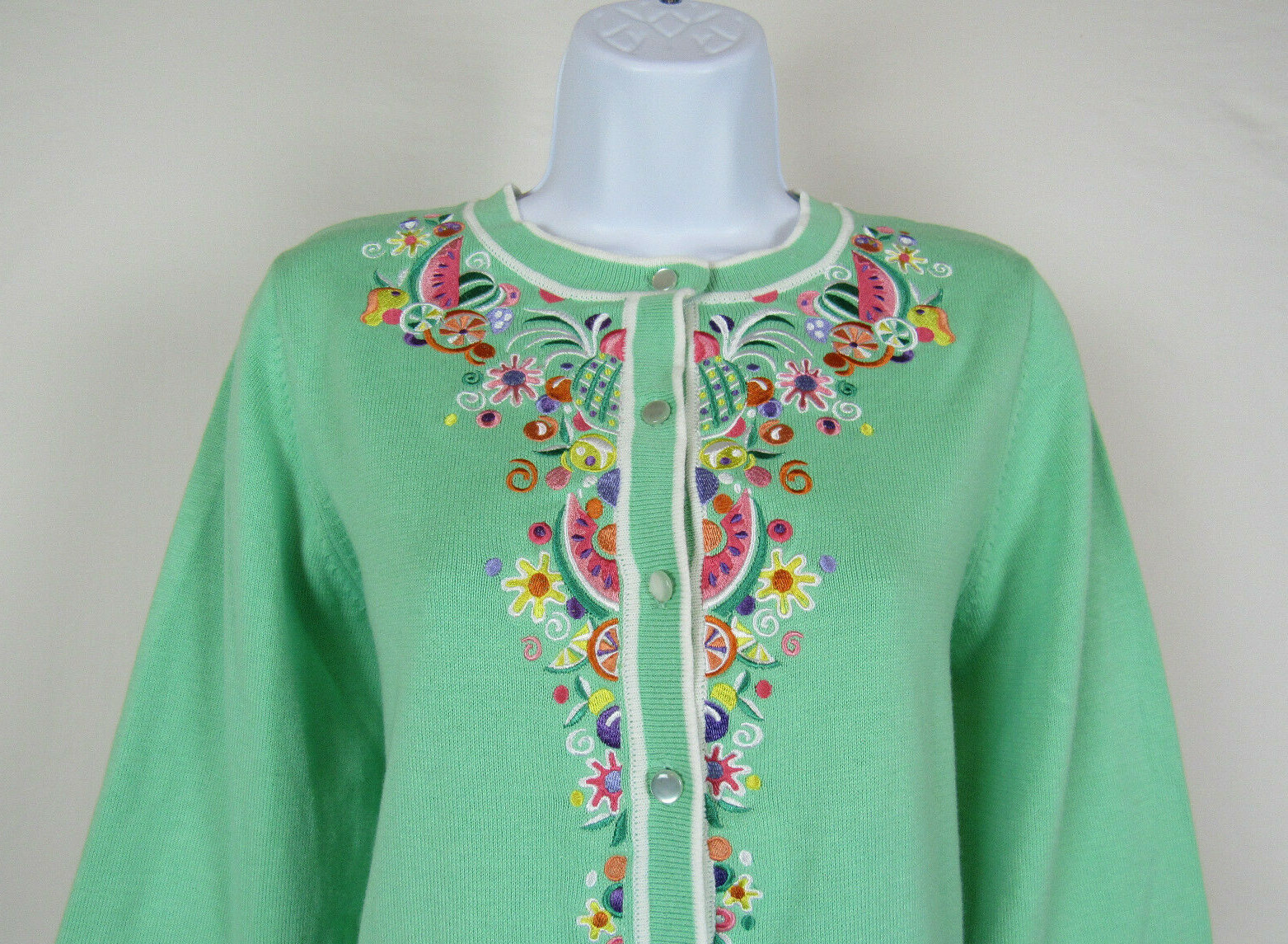 VTG 1990s BOB MACKIE WEARABLE ART MED TOP EMBROIDERY FRUIT FLOWER COTTON ACRYLIC