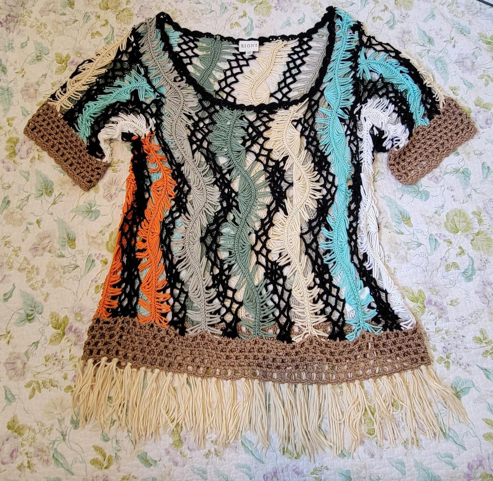Vintage Sioni Crochet Multicolor Boho Fringe Top – Size L/XL