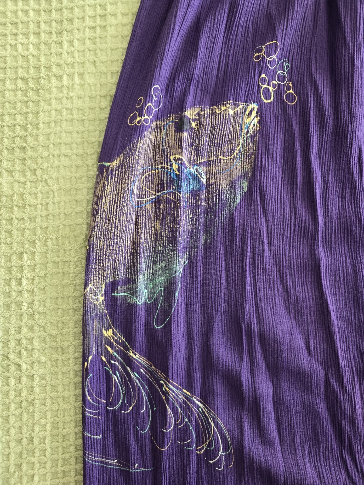 Vintage 80s 90s Purple Rayon Dress Hand Painted Fish Womens Large XL Whimsical