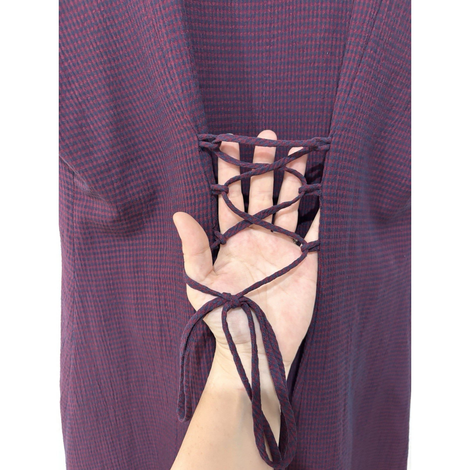 DBY Ltd Vtg 90s Gingham Lace Up Back Mini Dress Sz M/L Dark Academia Grunge Fall