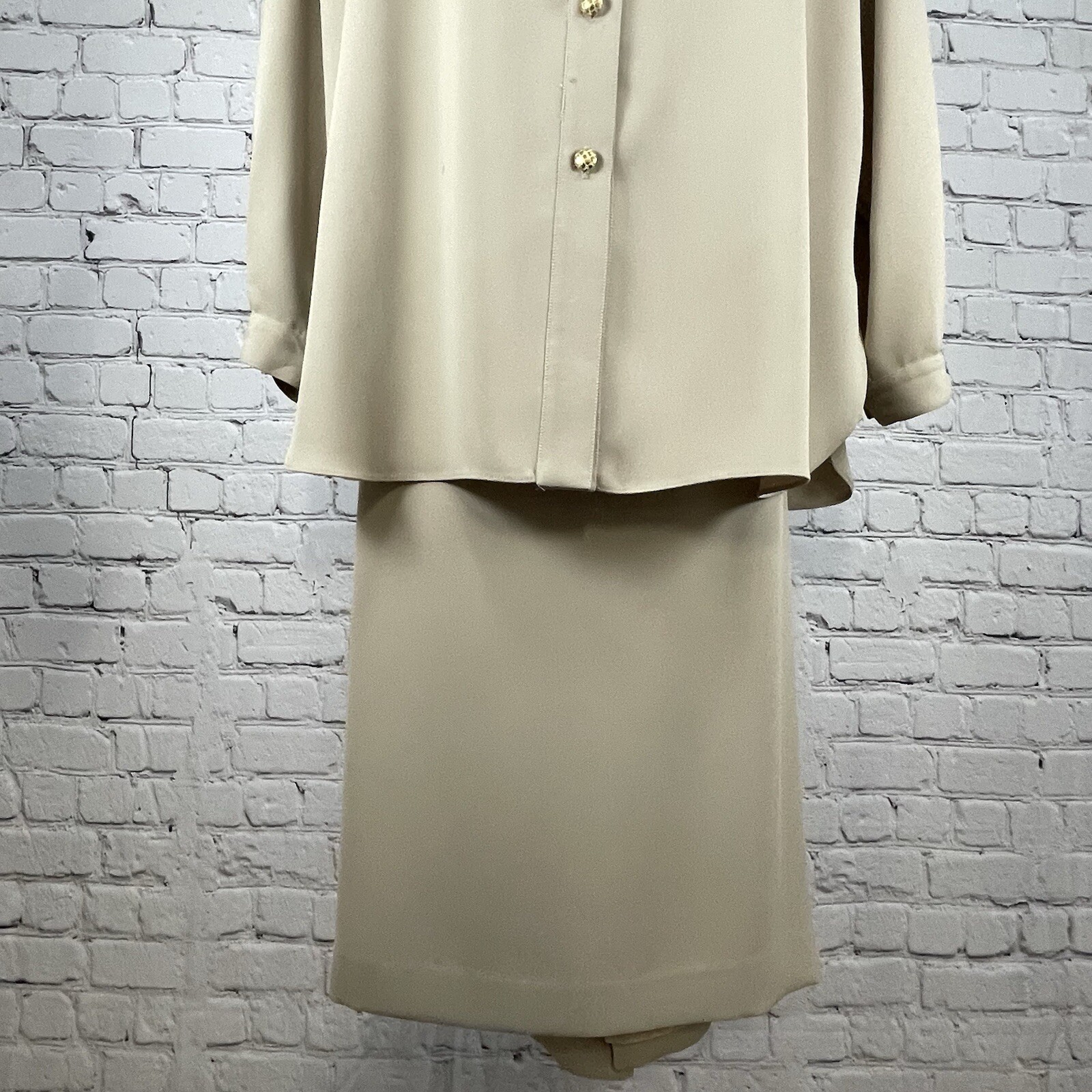 VTG Da Rue Tan Blouse Skirt Set Gold Button Long Sleeve USA Made Plus Size 18/20