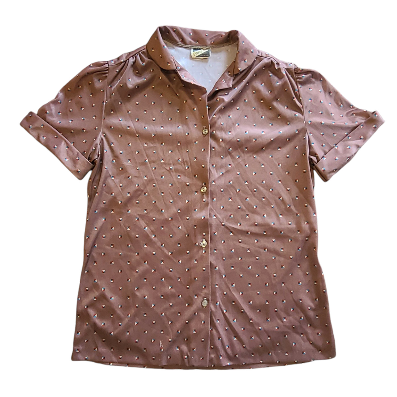 Vintage 70’s Pretty Tops Womens Brown Geometric Button Polo Blouse Medium