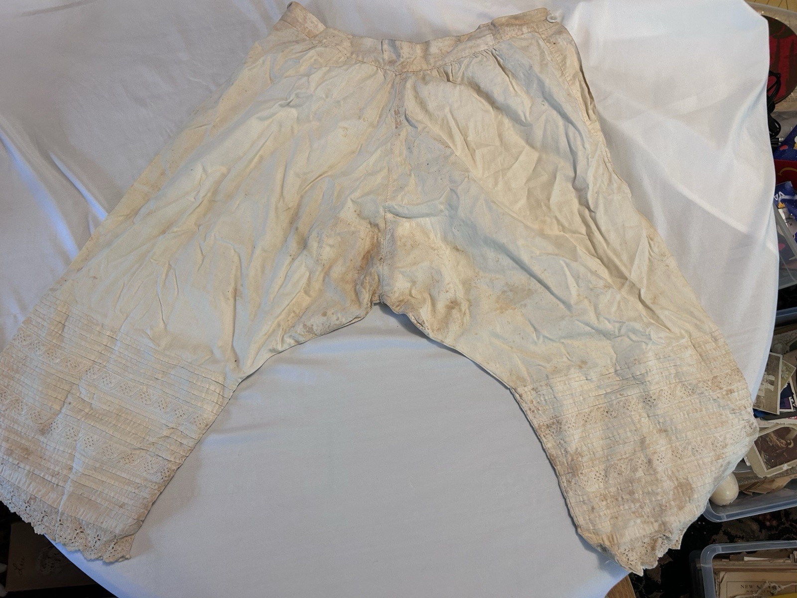 Vintage White Cotton Bloomers Long Underpants with Eyelet Lace Trim