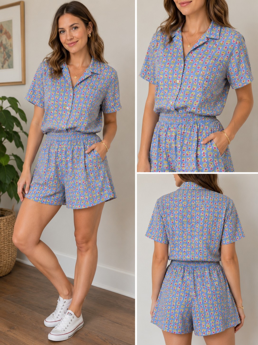 Vintage Liz Sport Floral 2 Pc Shorts Set Blue Pink Floral Cotton Petite S Small