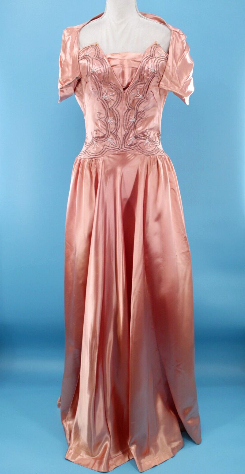 Vtg Women’s 40s Salmon Pink Beaded Formal Gown W/ Shrug Sz S/M 1940s Prom Dress