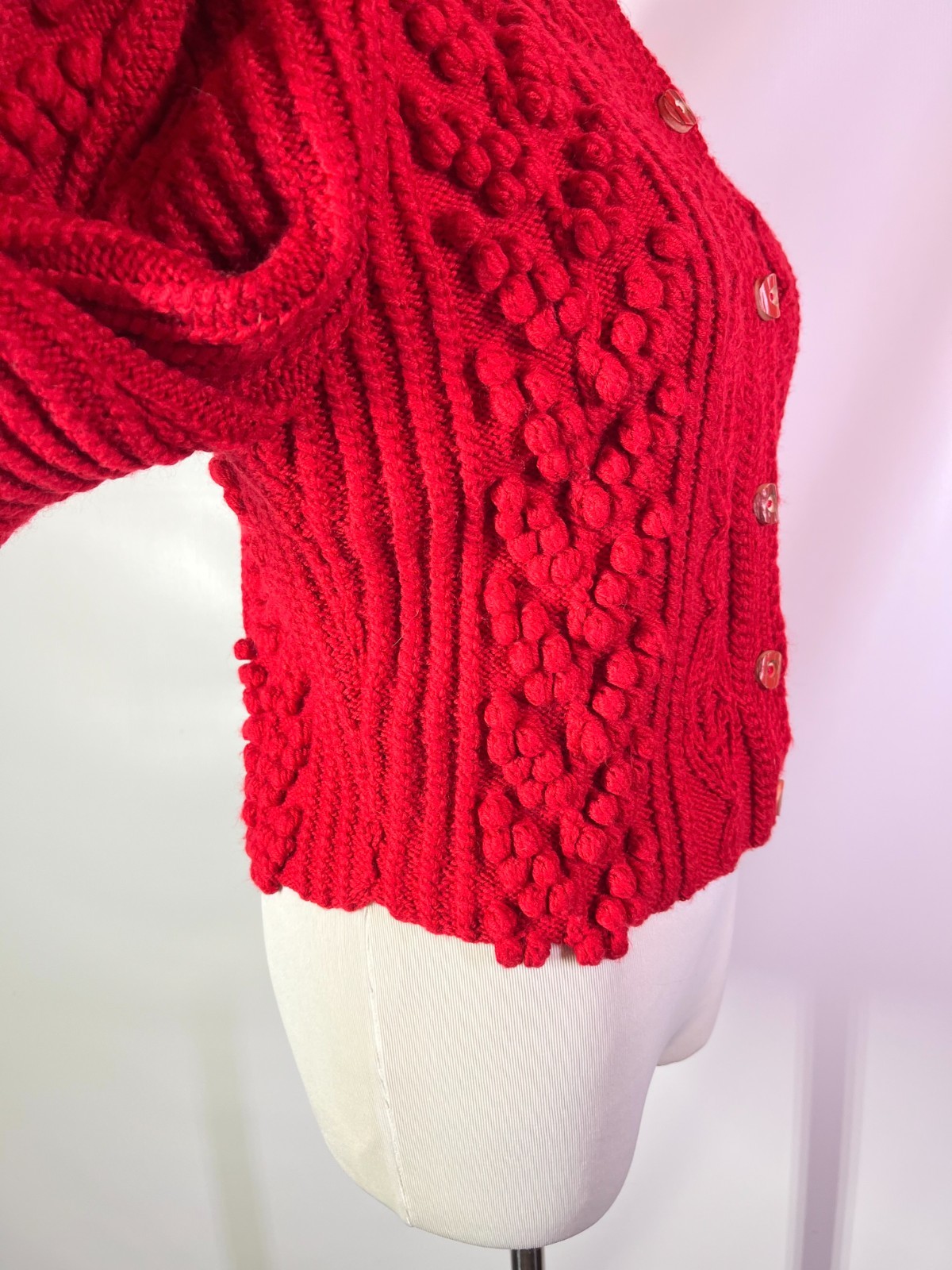 Vintage Gilca Putz Thick Wool Red Cardigan Sweater Pom Poms