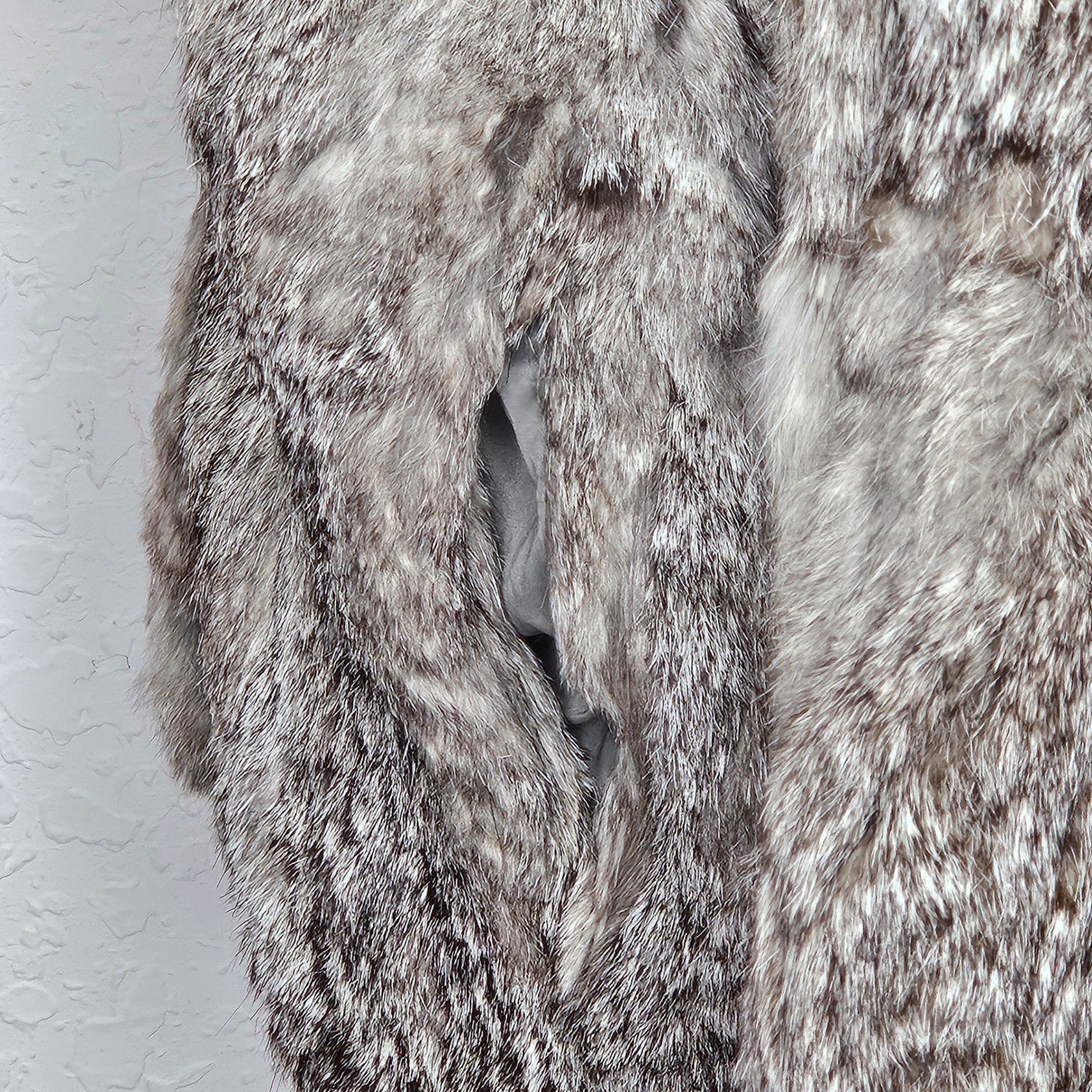 Vintage Genuine Rabbit Fur Coat Grey White Shawl Collar Cropped Jacket