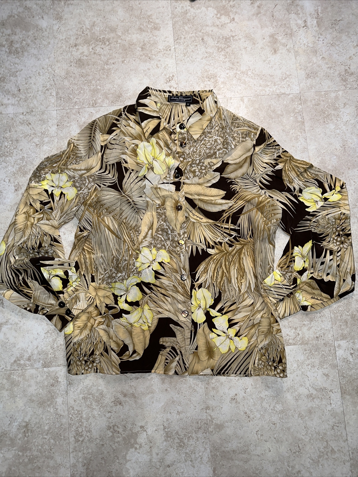 Vintage 80s Salvatore Ferragamo Floral Print Dress Shirt Women Sz 42 🇮🇹 Italy