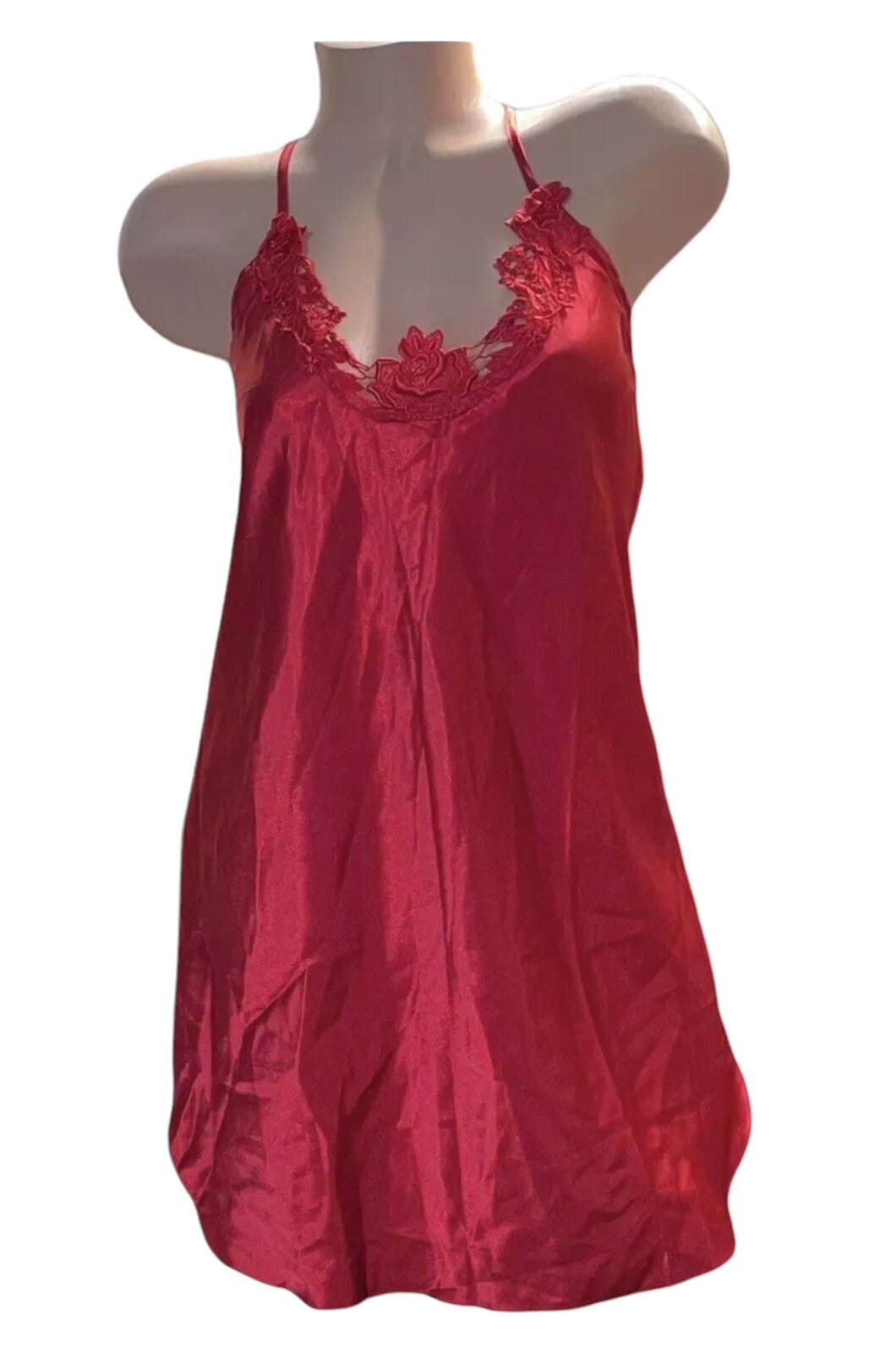 Romance DuJour Red Shiny Satin Embroidery Nightie Nightgown Womens M