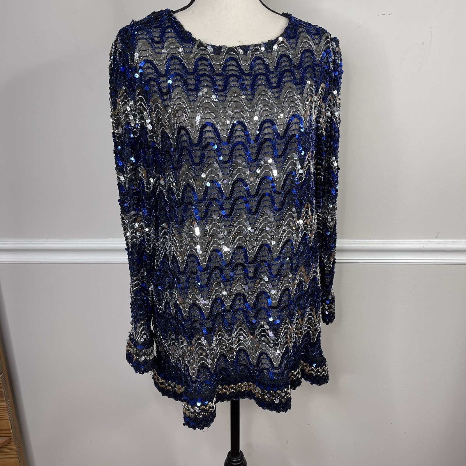 Vintage Rob Hill For Mister Jay 80s Black silver blue Sequin Sleeve Top large