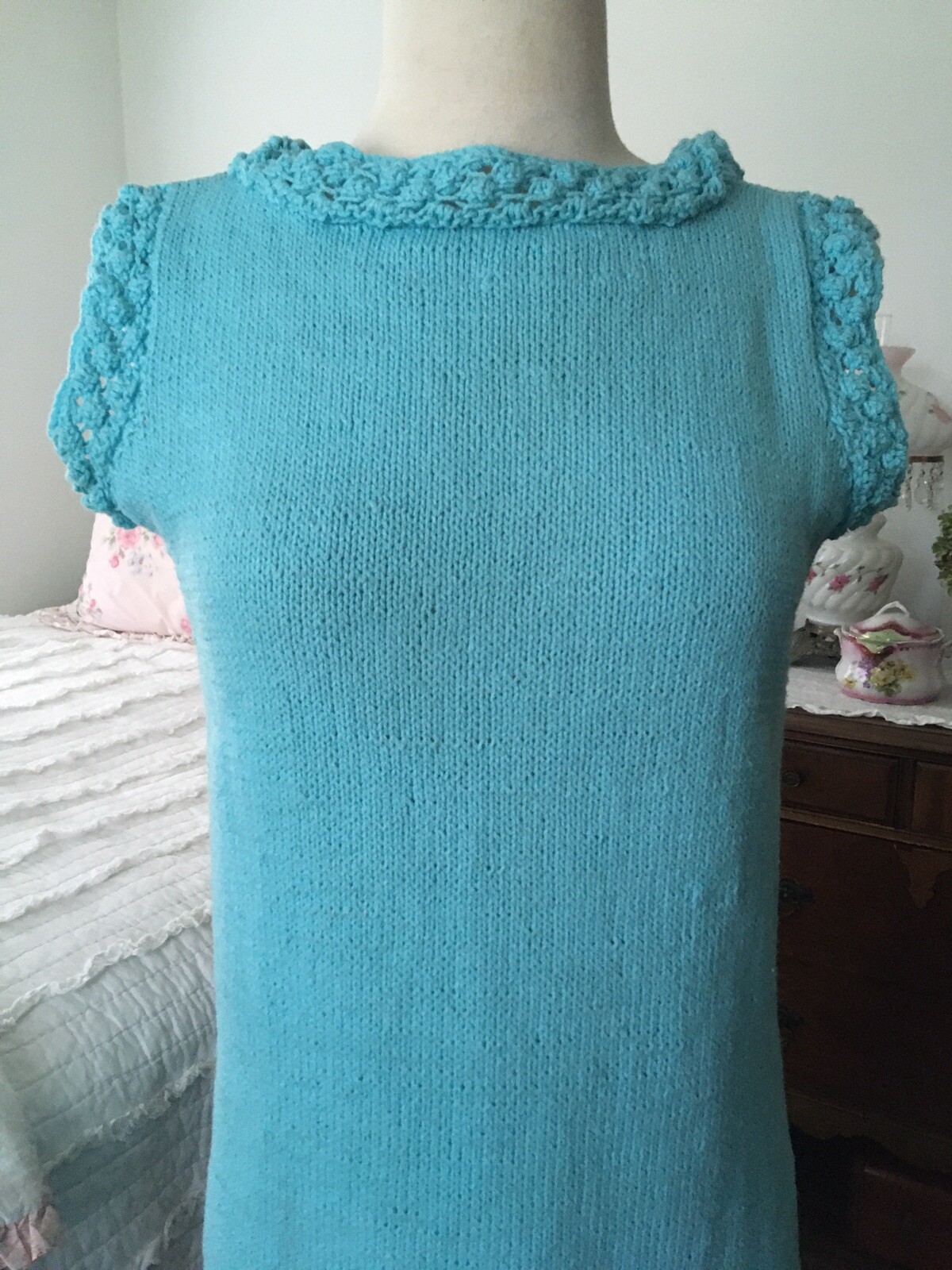 VTG 1960s Pastel AQUA Bubble HANDKNIT Dress Pin Up MOD Sleeveless