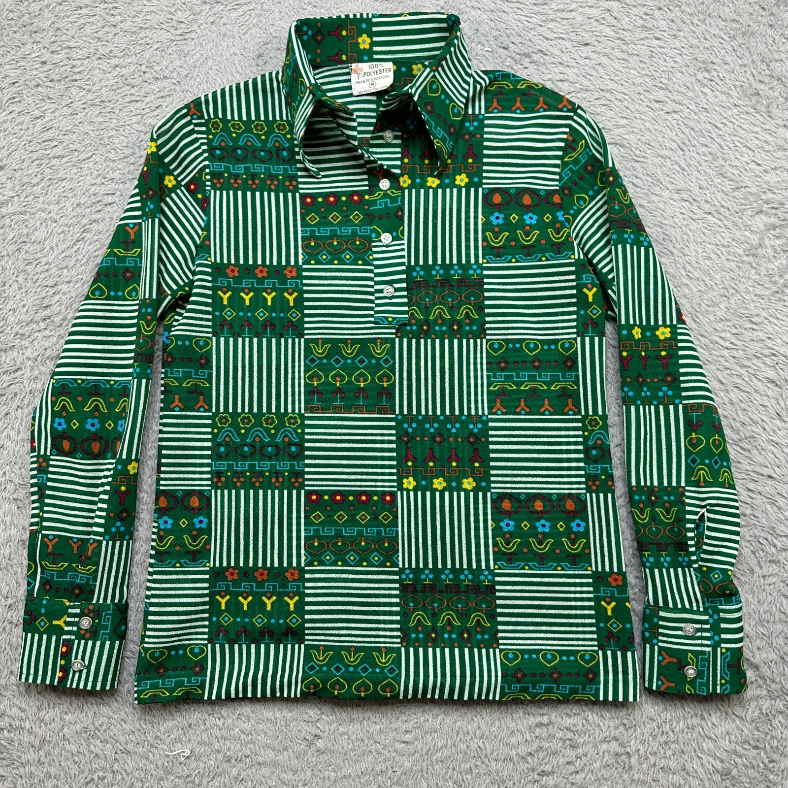 Vintage 70s Summer Shirt Womens S Green Flower Long Sleeve Disco Blouse