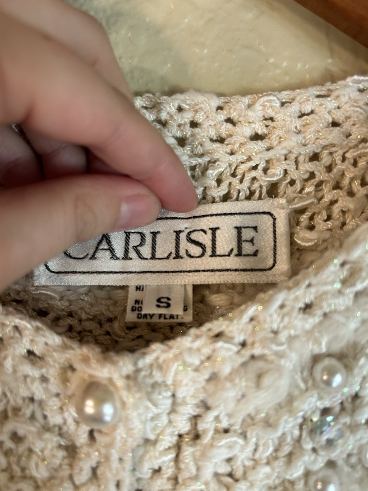 Vintage Crochet Ivory Angora Sparkling Beaded Pearl Button Long Sleeve Sweater