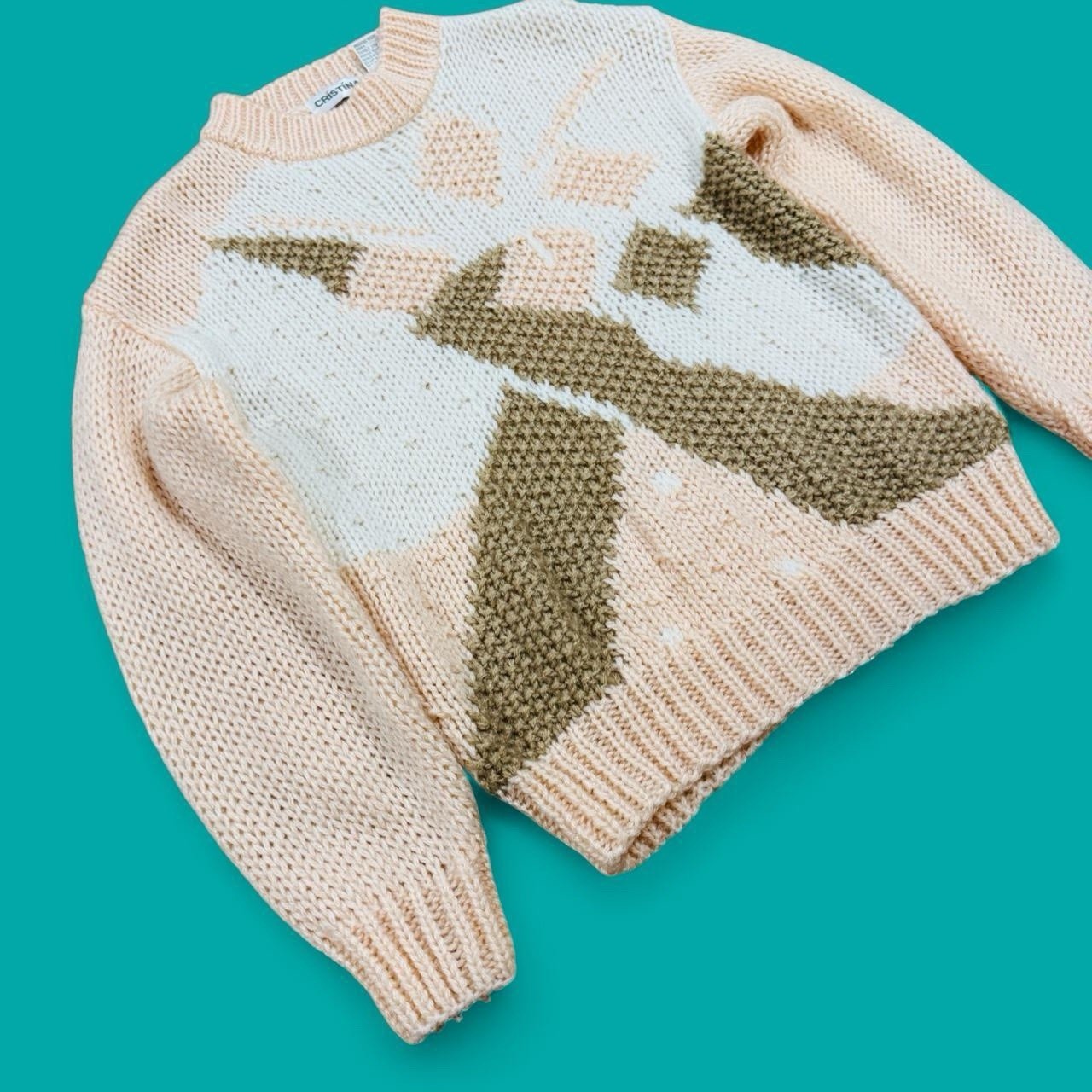 90s Cristina Sweater Large Abstract Geometric Knit Peach Pink Tan Korea Acrylic