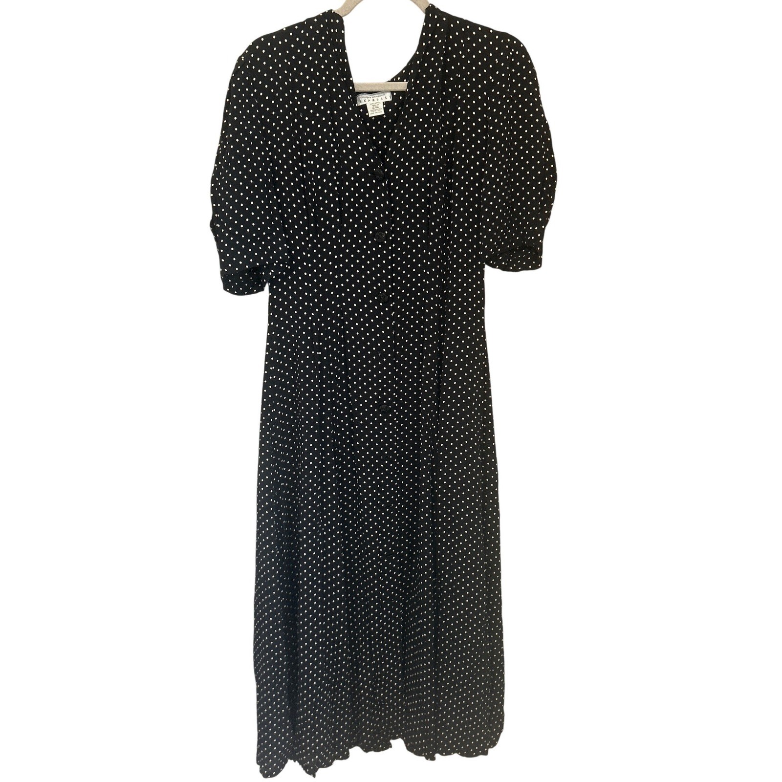 Vintage 90s Express Size 9/10 Midi Dress Puff Sleeve Black White Polka Dot