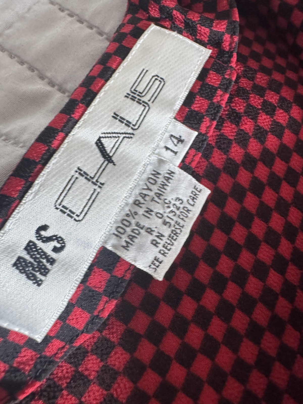 Vintage Ms Chaus Wrap Dress Red Black Check Rayon Midi Pockets Size 14 USA