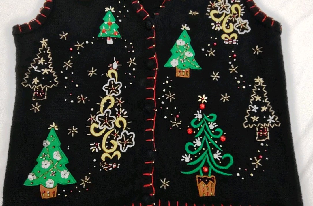 Vtg Designers Originals Studio Joy Women Christmas Knit Vest Trees Embellished