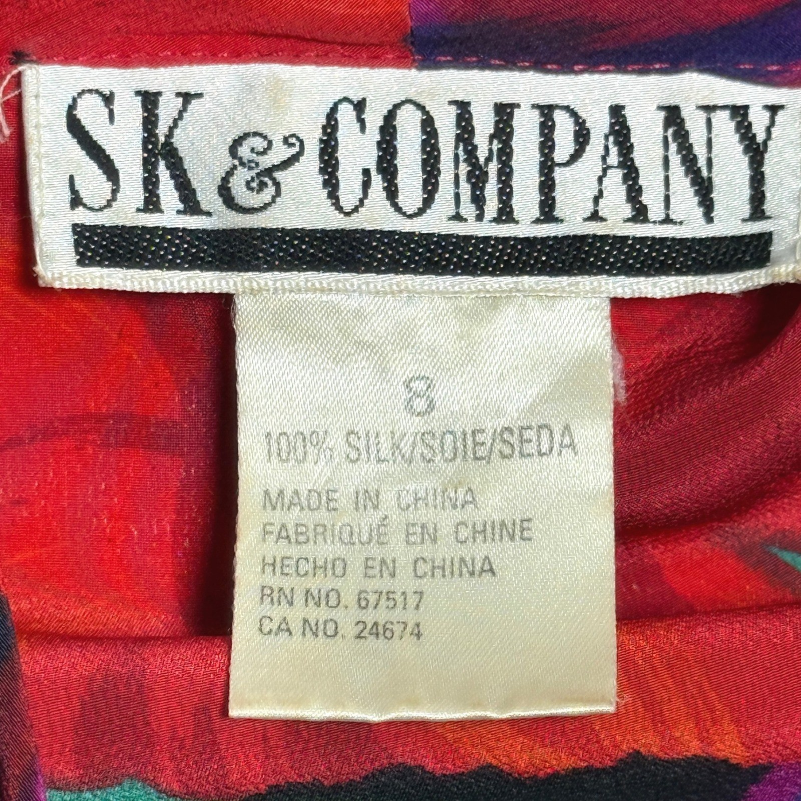 SK & Company VTG 100% Silk Floral Blouse 8 Red Purple Green 90s Office Feminine