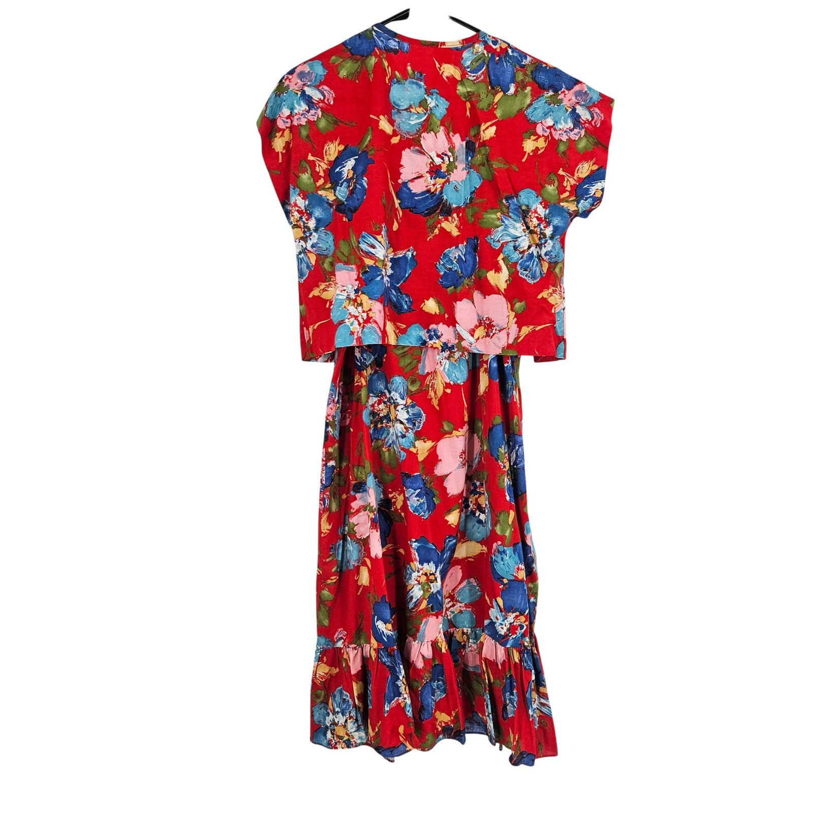 VTG 2 Piece Dress Set Red Floral Bolero Jacket Smocked Ruffle Hem Midi Retro S