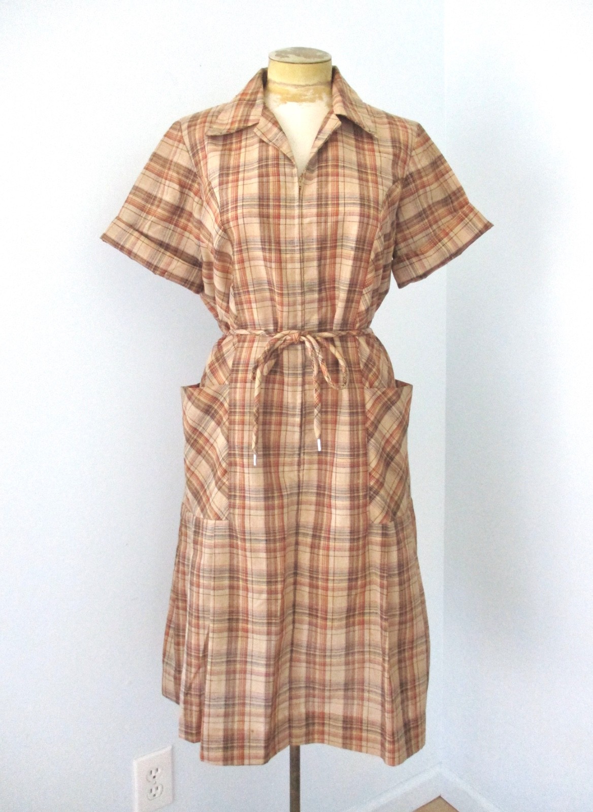 Vtg 60s 70s Brown Rust Plaid Poly Cotton Zip Shirt Day Dress Tie Belt Pockets 16