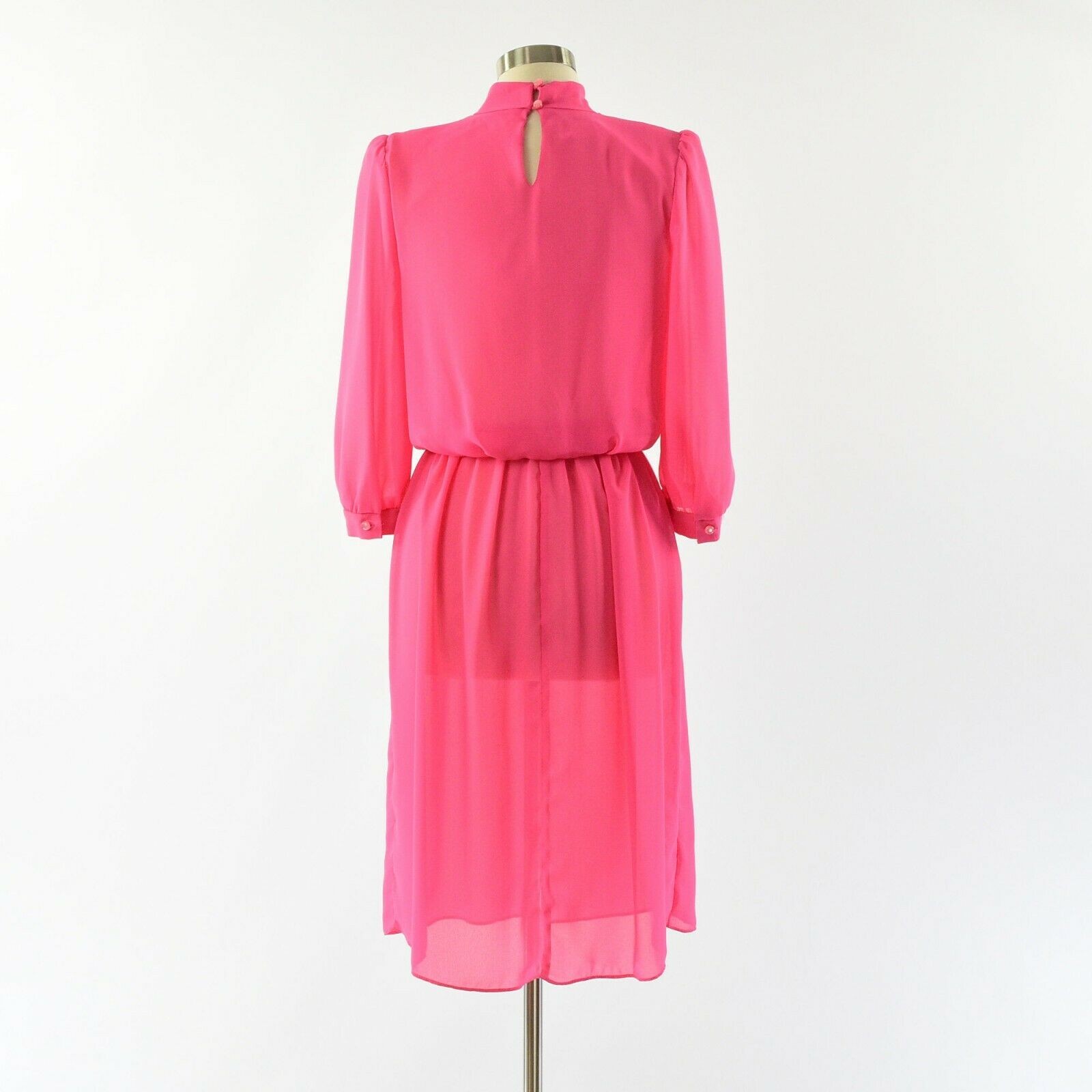 70’s Vintage Bright Pink Blouson Dress Mock Neck Womens L or 12 Amy-Deb
