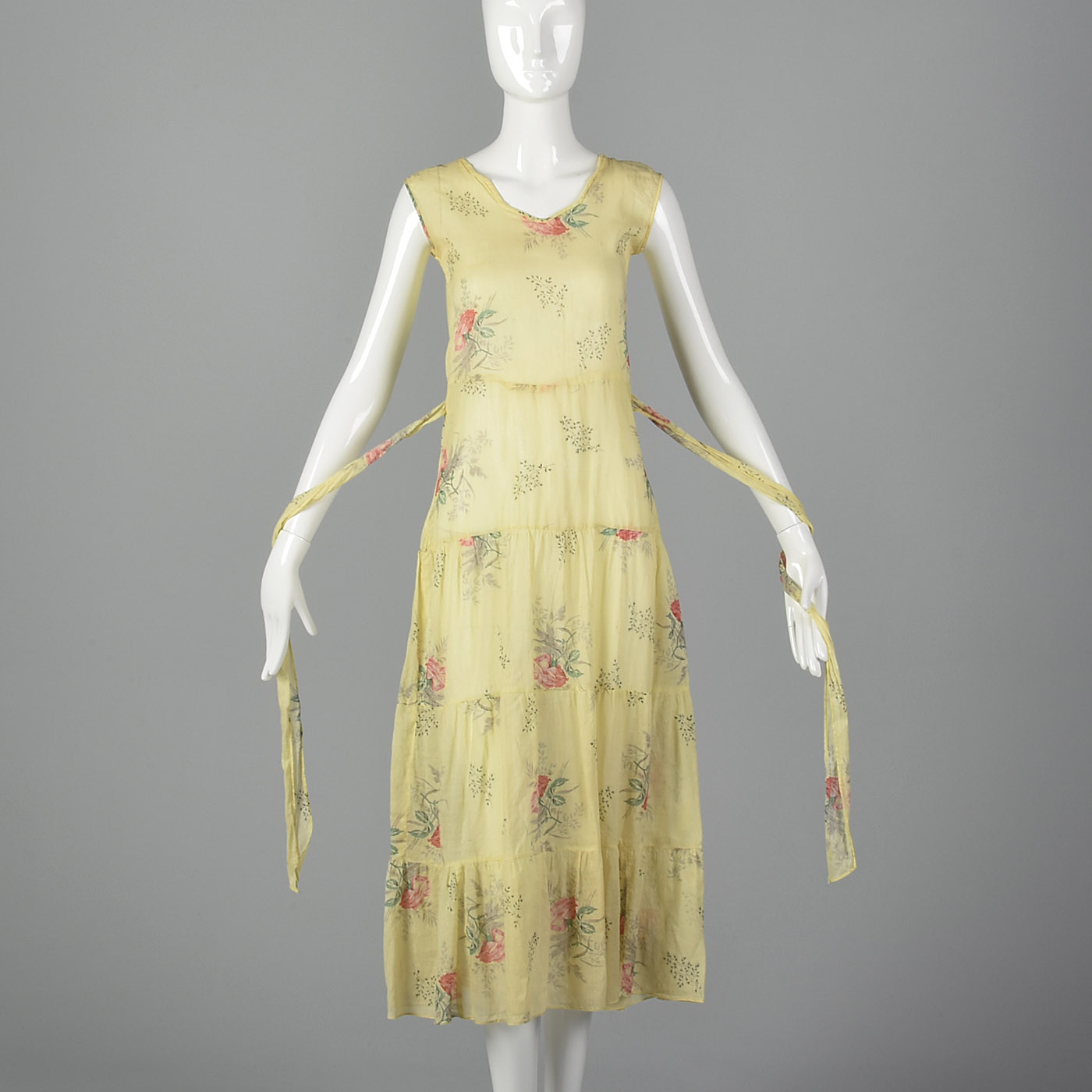 XXS 1930s Dress Sheer Yellow Day Dress Large Rose Print 30s Vintage Day Wear