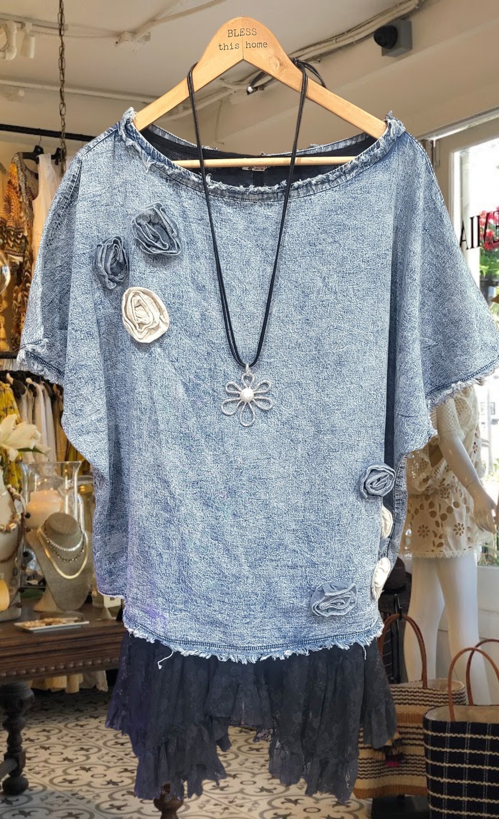 Magnolia Style Light Beige Vintage Distressed hippie boho Tunic shirt top S