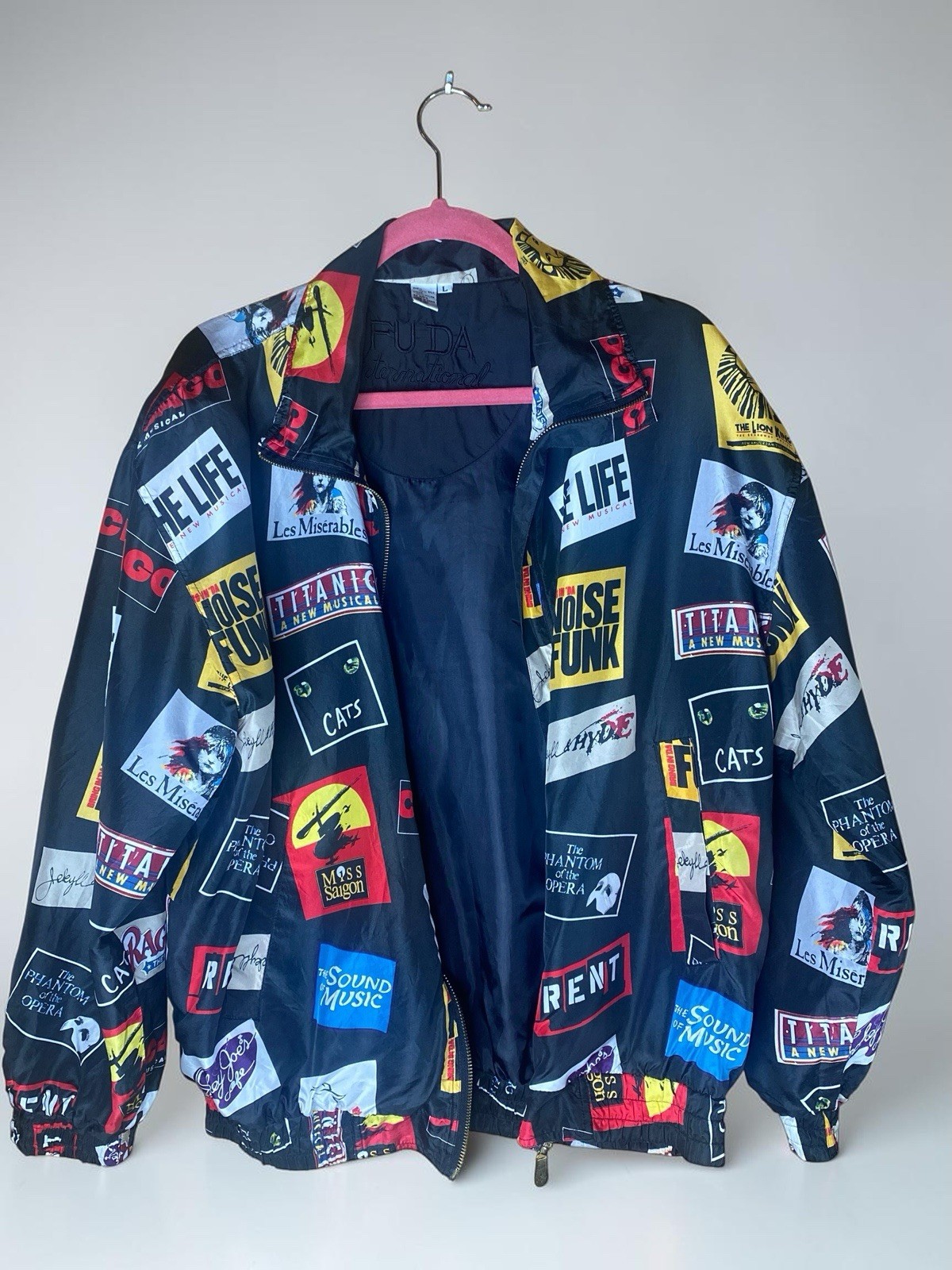 Vintage 90s FU DA Silk Bomber Jacket With Broadway Show Signs , Size Large L