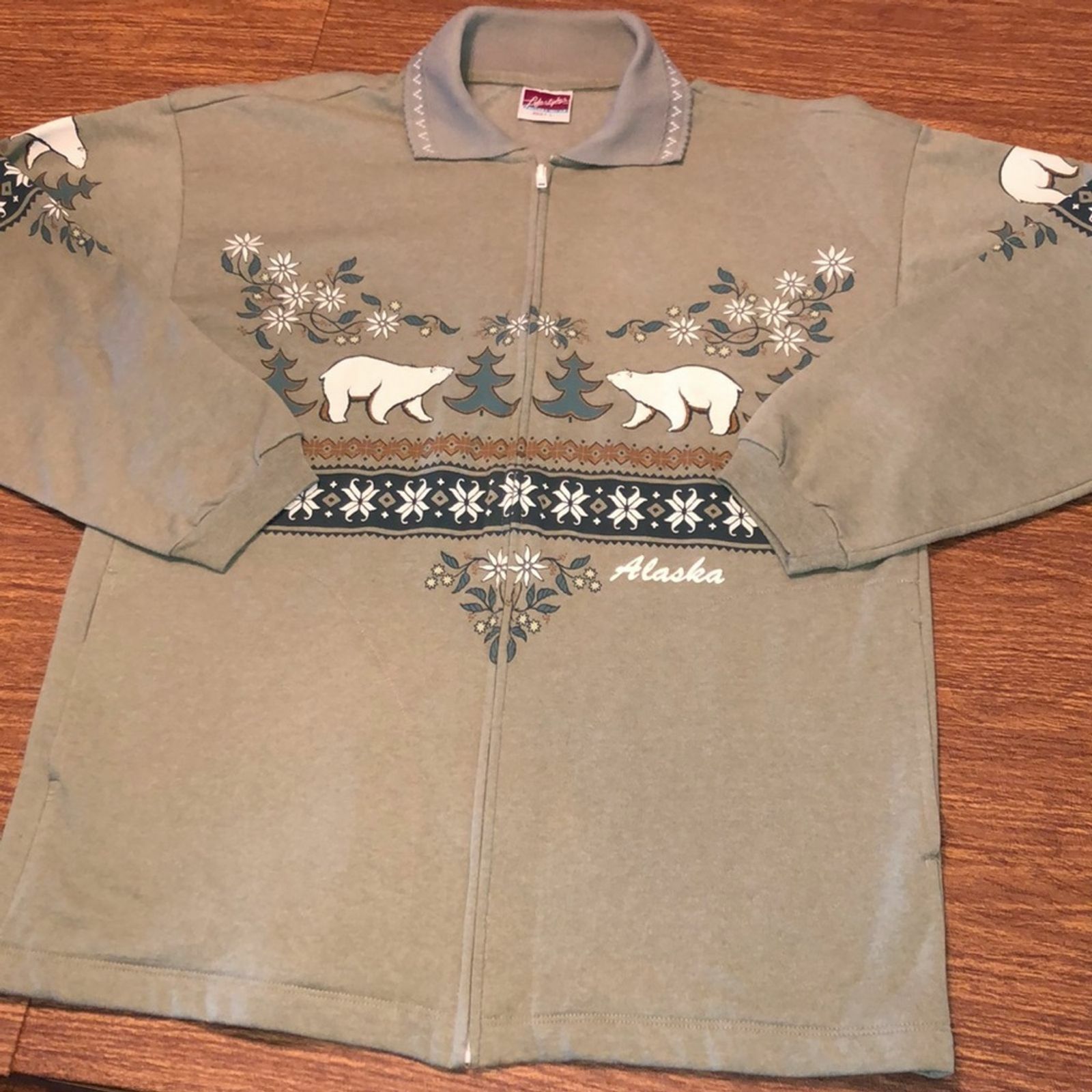 Full Zip Vintage Green Alaska Polar Bear Collared Long Sleeve Sweatshirt L