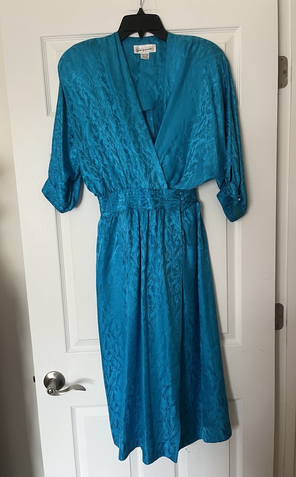 1980s Teal 100% Silk Wrap Midi Dress by Lauren Alexandra Vintage 4 approx XXS 00