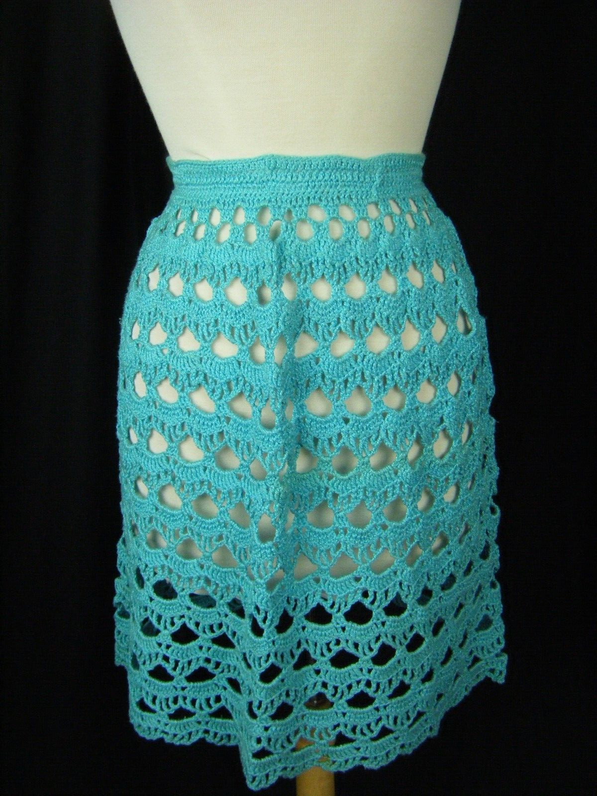 Vtg 60-70s Handmade Blue Crochet Eyelet Cardigan & Skirt-Bust 38/Waist 23-28