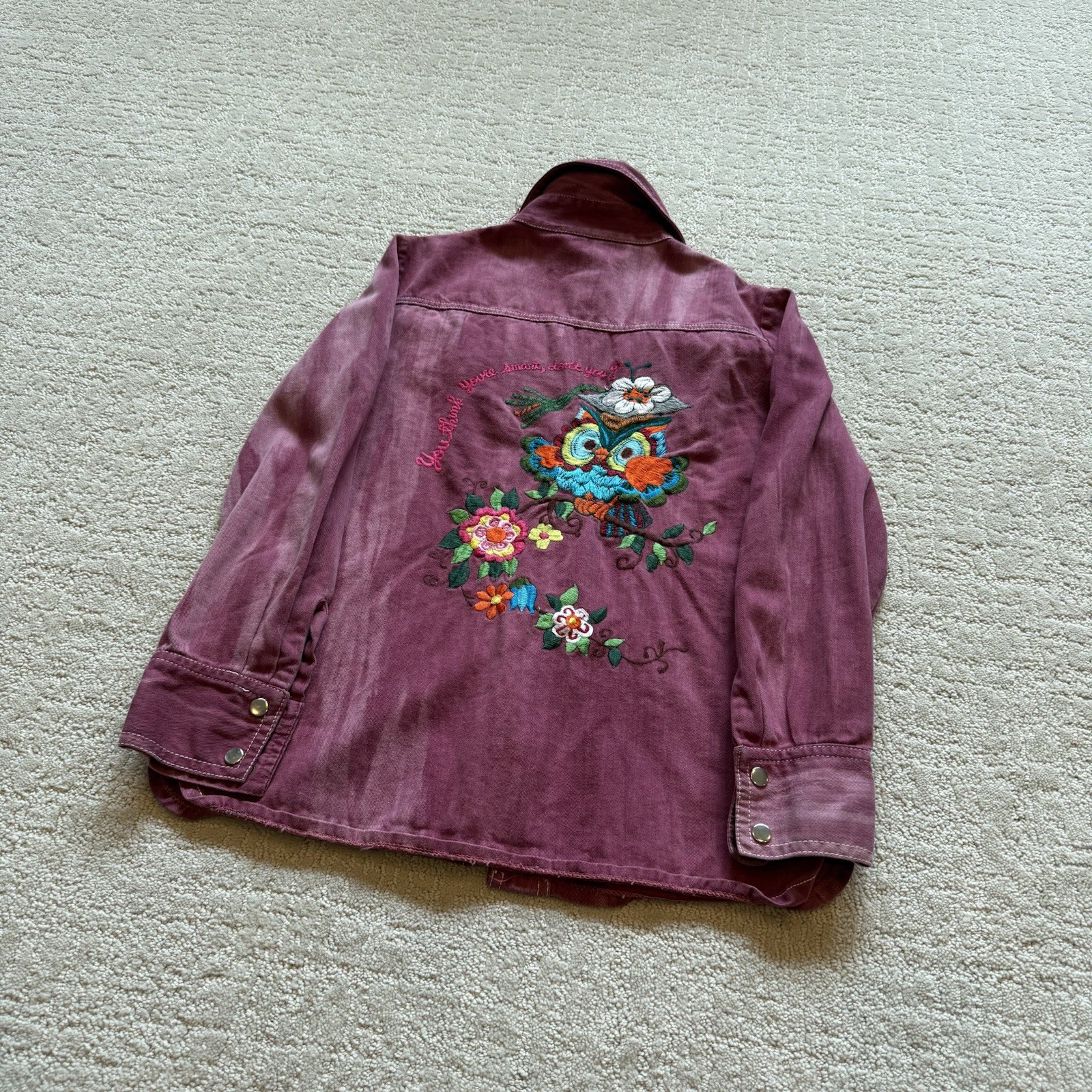 VTG 70s It’s Rich Embroidered Owl Snap Button Shirt Size Small Made In Hong Kong