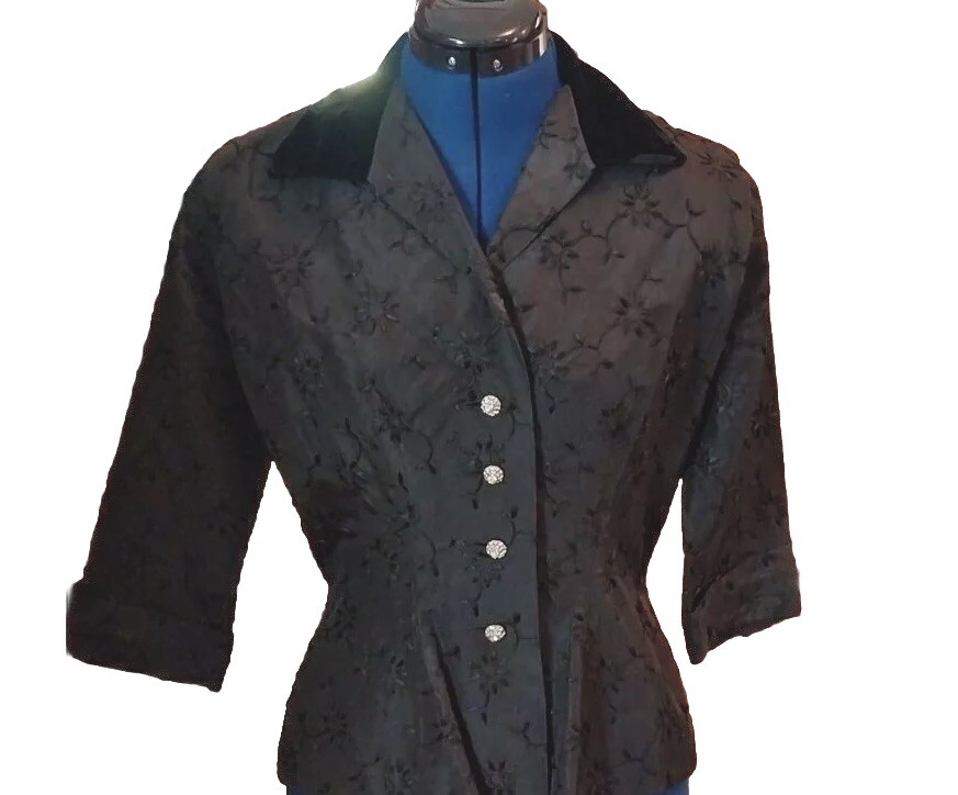 R&K Original 50’s Retro MCM black taffeta blouse + rhinestone buttons free ship