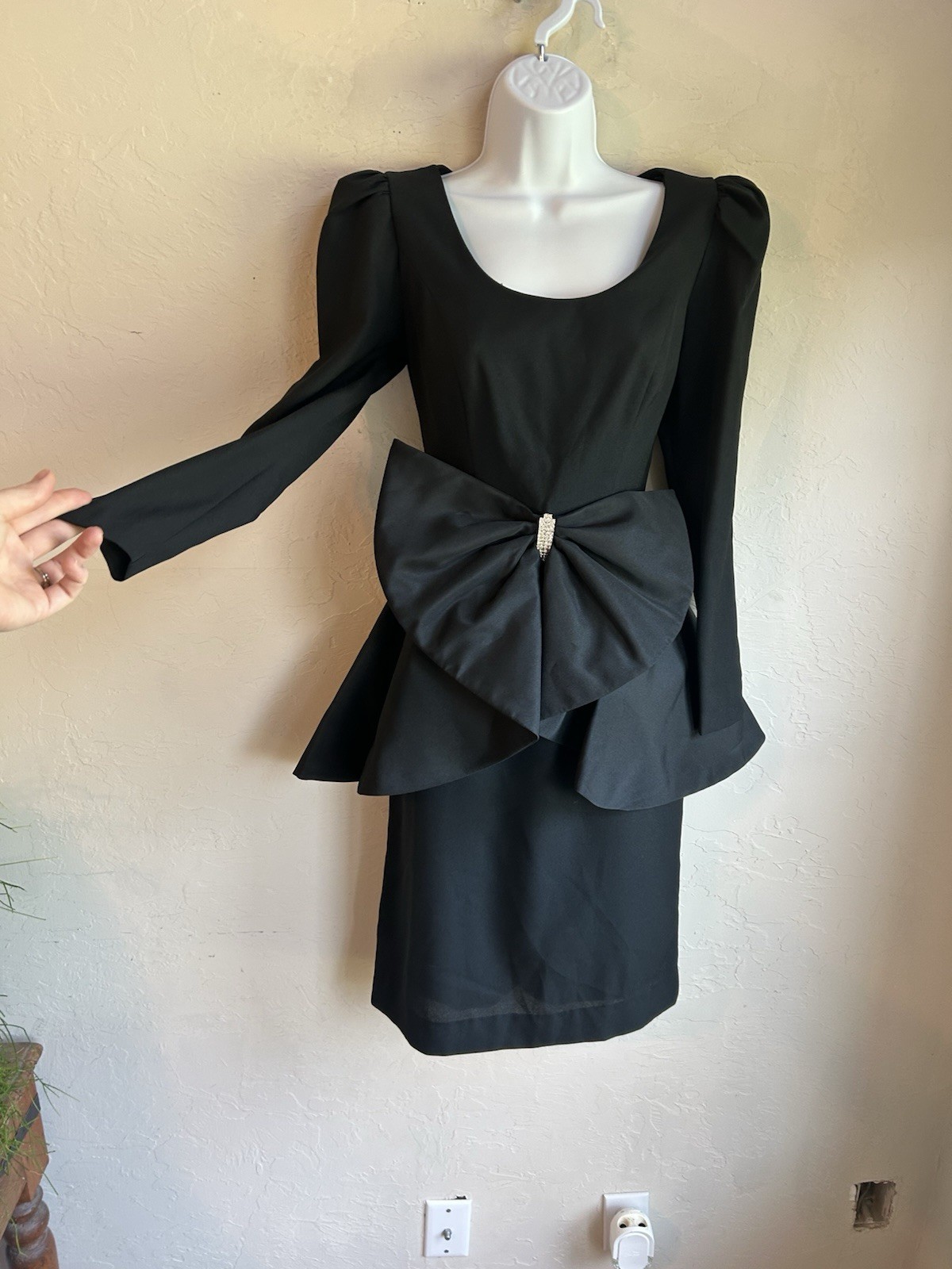 Vintage 80s Huey Waltzer For Darcy Black Peplum Bow Midi Dress 6 Party Glam